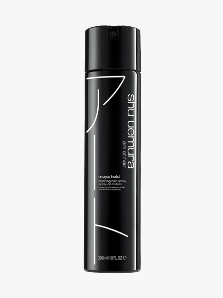 Shu Uemura Moya Hold Finishing Hair Spray black bottle of hair spray on light gray background